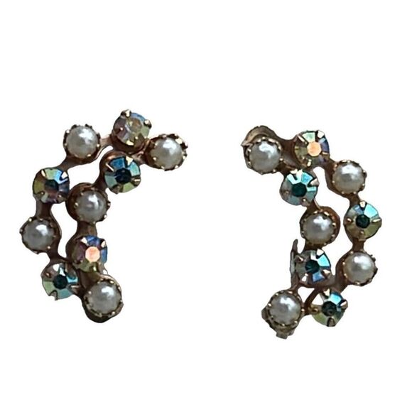 Vintage climber clip style earrings with AB stones and faux pearls. - Picture 1 of 8